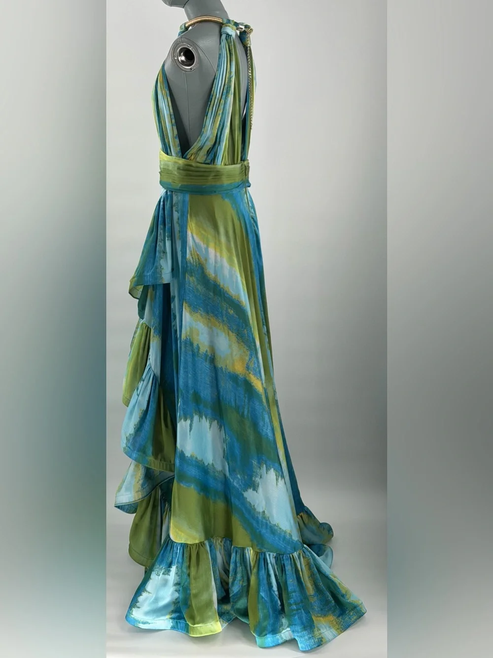 🆕 BRONX & BANCO 🧿 NWOT Palma Coastal Ruffle Hi-Low Gown, Blue Green, Sz L US 8 - Picture 8 of 17